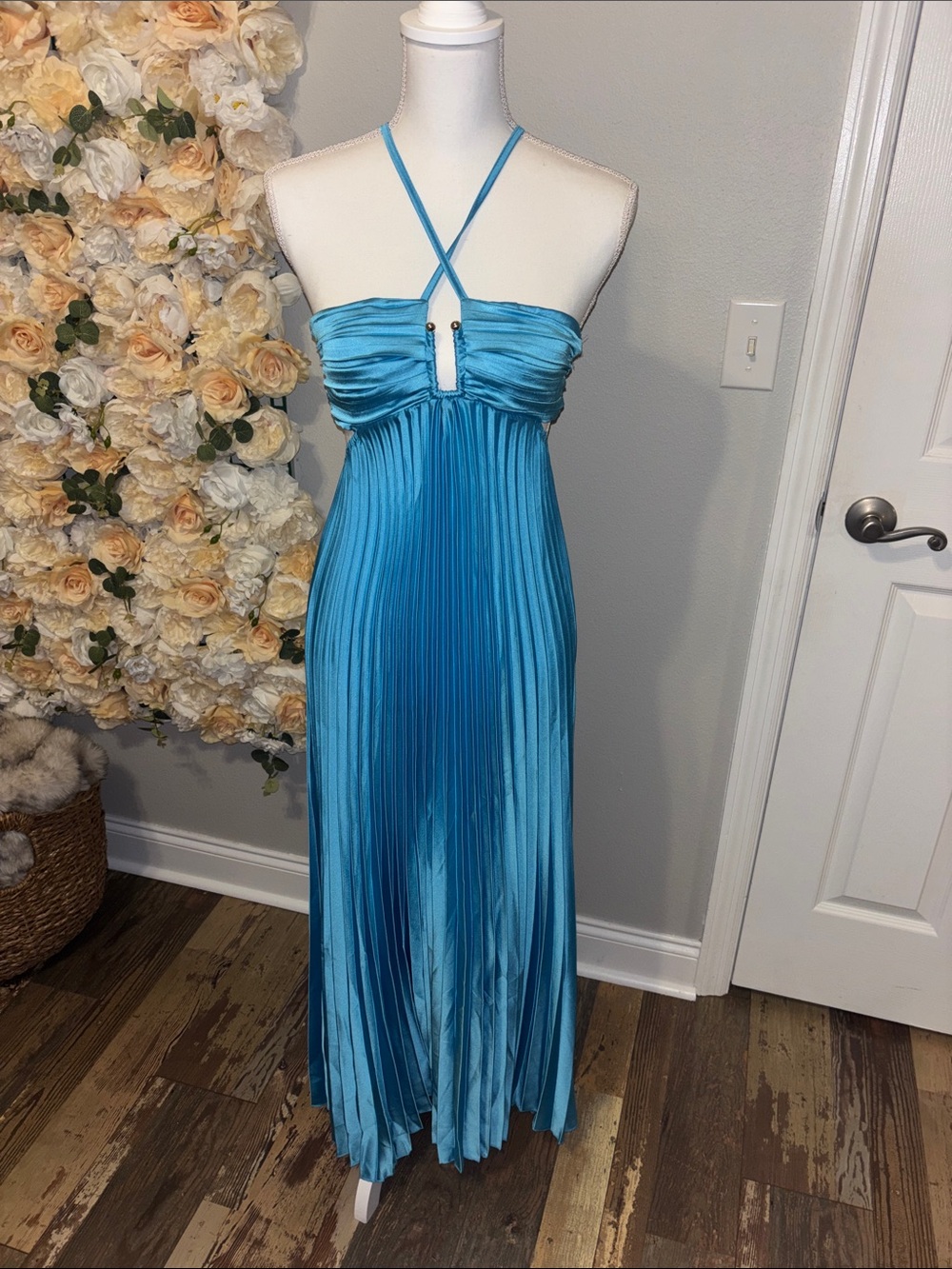 Blue Pleated Halter Maxi Dress